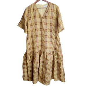 Dean Seoul Plaid Oversized Tiered Maxi Dress Korean Fashion Yellow Size L